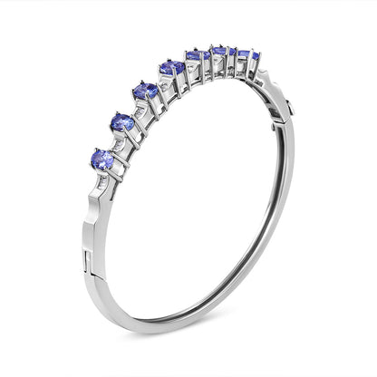 14K White Gold 5 MM Oval Blue Tanzanite and 1/4 Cttw Diamond Bangle (H-I Color, VS2-SI1 Clarity) - Fits wrists up to 7 1/2 Inches