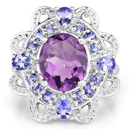 3.13 Carat Genuine Amethyst and Tanzanite .925 Sterling Silver Ring