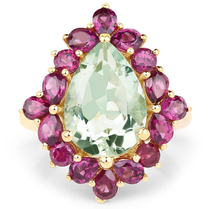 14K Yellow Gold Plated 7.21 Carat Genuine Green Amethyst and Rhodolite .925 Sterling Silver Ring