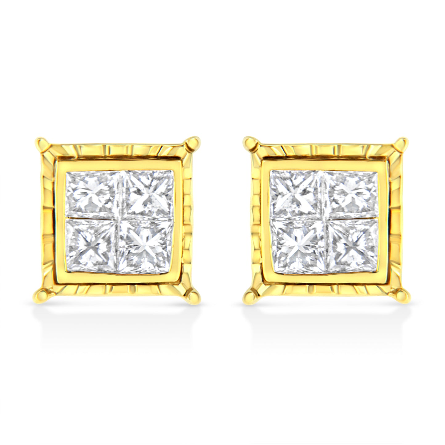 14K Yellow Gold 1.0 Cttw Invisible Set Princess-Cut Diamond Composite 8 Stone Stud Earrings (I-J Color, SI1-SI2 Clarity)