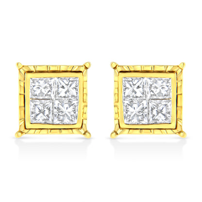 14K Yellow Gold 1.0 Cttw Invisible Set Princess-Cut Diamond Composite 8 Stone Stud Earrings (I-J Color, SI1-SI2 Clarity)
