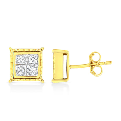 14K Yellow Gold 1.0 Cttw Invisible Set Princess-Cut Diamond Composite 8 Stone Stud Earrings (I-J Color, SI1-SI2 Clarity)