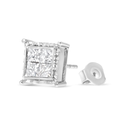 14K White Gold 2.00 Cttw Invisible Set Princess-Cut Lab Grown Diamond Wavy Quad Stud Earrings