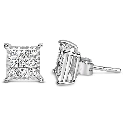 Sterling Silver 1/2 Cttw Princess Diamond Composite Square Stud Earrings