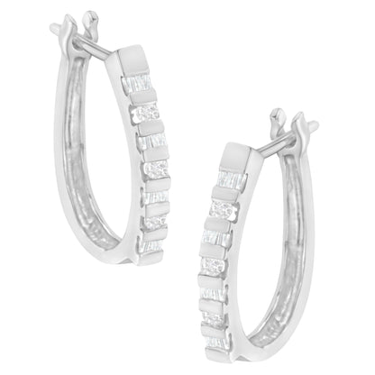 10K Yellow Gold Round and Baguette Cut Diamond Oblong Hinged Leverback Hoop Earrings (Â¼ Cttw, I-J Color, I2-I3 Clarity)