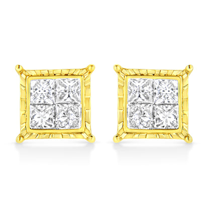 14K Yellow Gold 1.0 Cttw Invisible Set Princess-Cut Diamond Composite 8 Stone Stud Earrings (I-J Color, SI1-SI2 Clarity)
