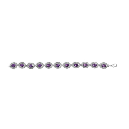 Sterling Silver 5x7 MM Oval Purple Amethyst & Diamond Halo Link Bracelet