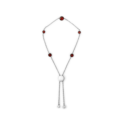 .925 Sterling Silver Bezel Set Red Garnet 5 Station Adjustable Bolo Bracelet
