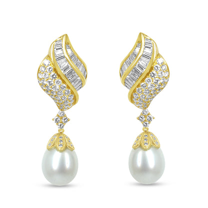18k Yellow Gold 7.0 Cttw Baguette and Round Diamond South Sea Pearl Drop Dangle Clip-On Earrings (F-G Color, VS1-VS2 Clarity)