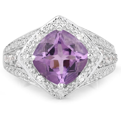 2.82 Carat Genuine Amethyst and White Topaz .925 Sterling Silver Ring