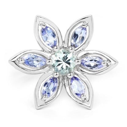 1.34 Carat Genuine Aquamarine and Tanzanite .925 Sterling Silver Ring