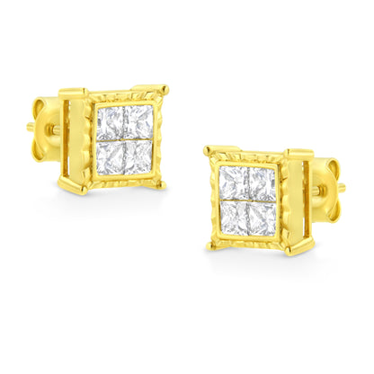 14K Yellow Gold 1.0 Cttw Invisible Set Princess-Cut Diamond Composite 8 Stone Stud Earrings (I-J Color, SI1-SI2 Clarity)
