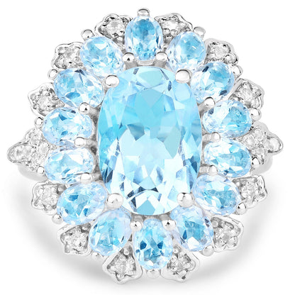 7.57 Carat Genuine Blue Topaz and White Topaz .925 Sterling Silver Ring