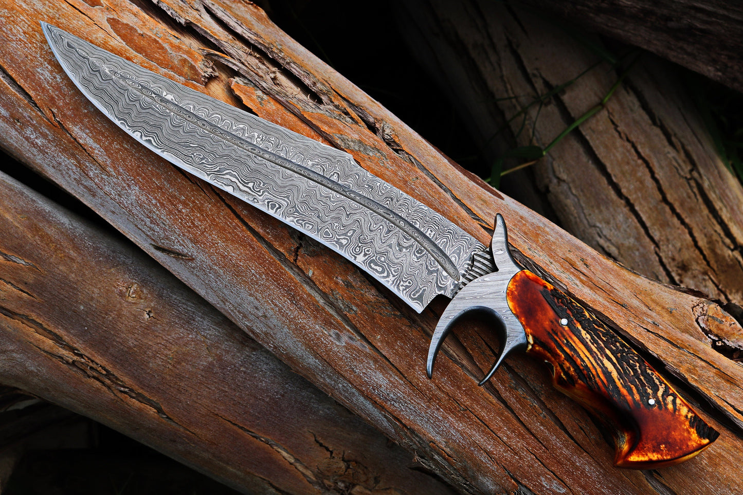 RED DRAGON SLAYER Bowie Knife with Leather Sheath for Sale – Custom Handmade Full Tang Damascus Steel Blade, Antler Horn Handle & Damascus Finger Guard | 16-Inch Hunting Knife – KBS Knives