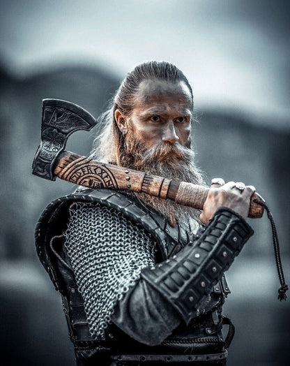 Battle Axe with Custom Handmade Forged Engraved 1095 Steel Blade and Ash Wood Handle – Warlord's Edge