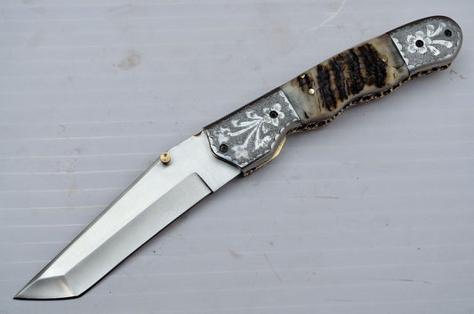 Everyday Carry Custom Handcrafted D2 Steel Tanto Blade Folding Pocket Knife
