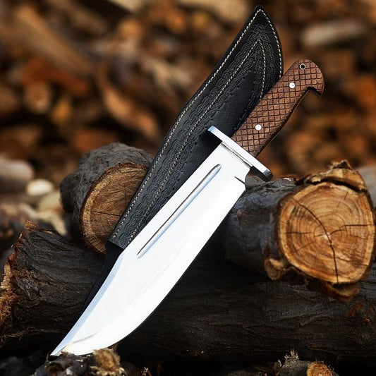 Collins & Co. Bowie Knife – 15.5" Full Tang D2 Steel Blade with Engraved Rosewood Handle & Leather Sheath