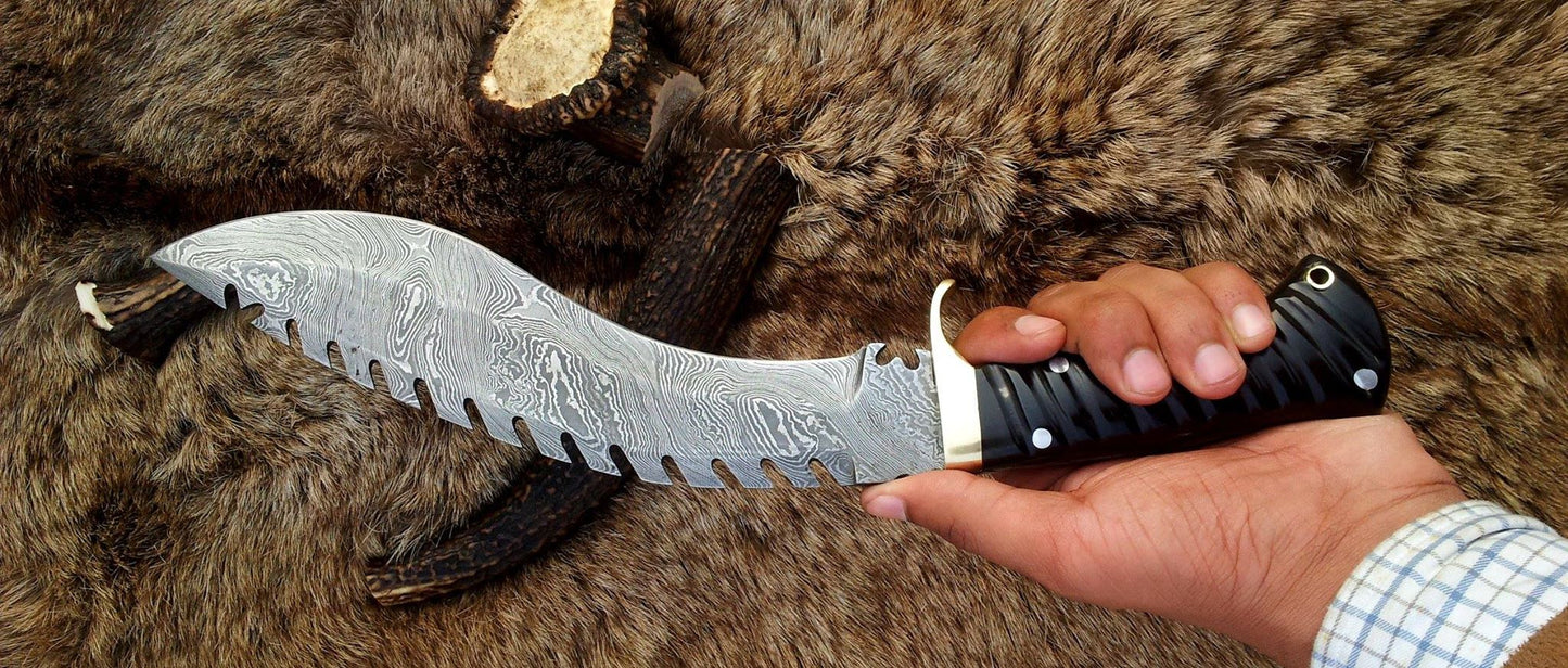 Damascus Kukri for Sale – 15" Buffalo Horn Handle