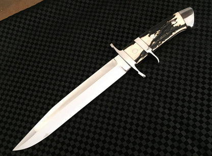 Pig Sticker Knife with Leather Sheath for Sale – Custom Handmade Full Tang D2 Steel Blade, Antler Horn Handle & Steel Double Guard | 13-Inch Hunting Knife – KBS Knives