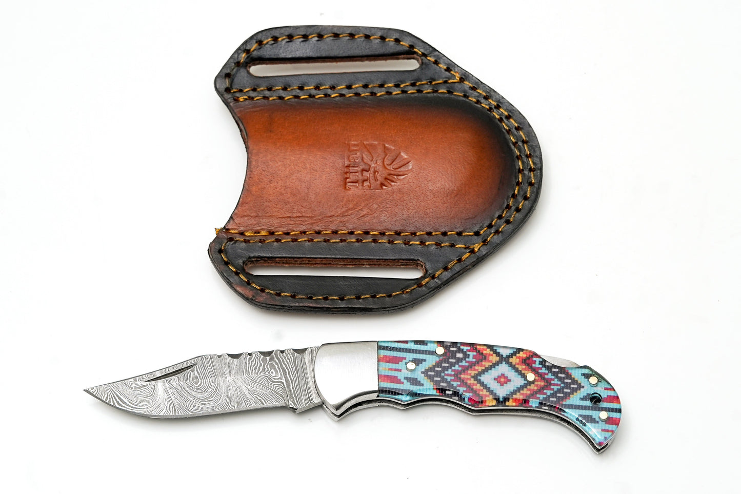 Damascus Steel Clip Point Folding Knife | Southwestern Tribal Resin Handle | Polished Bolsters TK-486