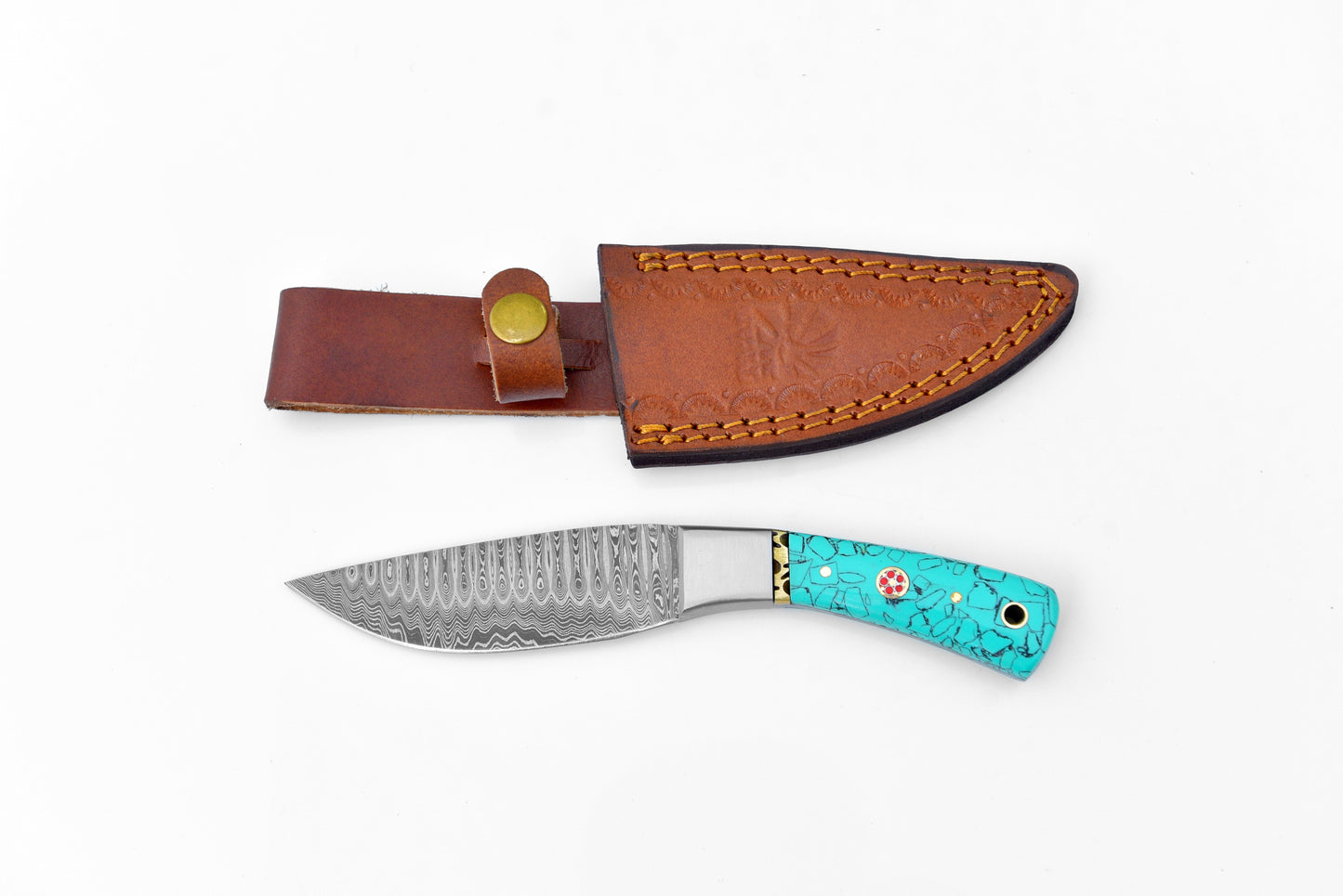 Damascus Steel Drop Point Outdoor Chopping Tool | Azure Turquoise Resin Handle TK-118