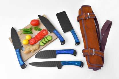 5-Piece  Knife Set / With Leather carry Bag Blue (Cheff Set Carbon 02)