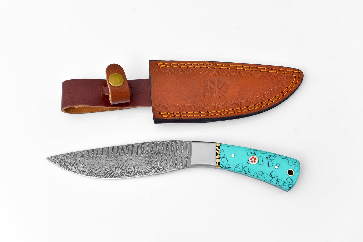 Damascus Steel Drop Point Outdoor Chopping Tool | Azure Turquoise Resin Handle TK-118