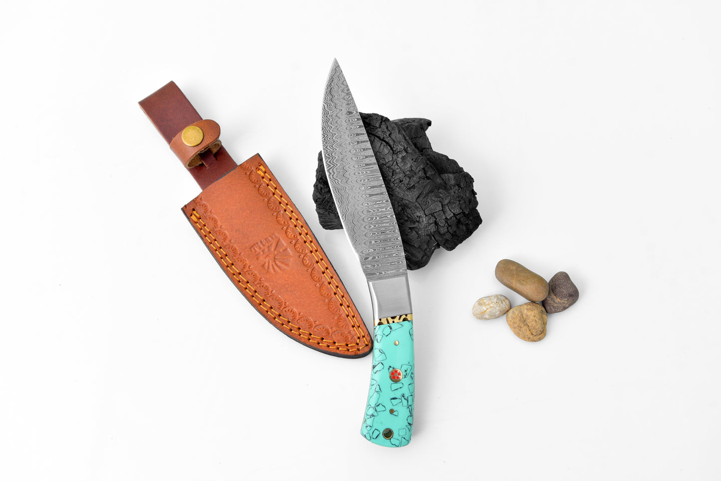Damascus Steel Drop Point Outdoor Chopping Tool | Azure Turquoise Resin Handle TK-118