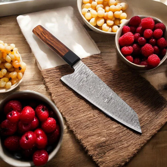 Handmade Damascus Santoku Knife - 7.5" Blade with Leather Sheath