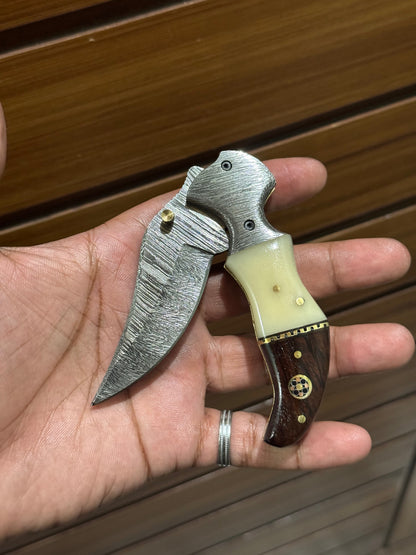Damascus Handmade Custom Folding Pocket Knife with Buffalo Horn and Rosewood Handle, 3.2-inch Blade Length