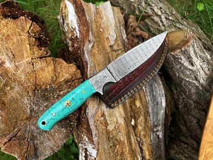 CUSTOM HANDMADE FORGED DAMASCUS STEEL HUNTING KNIFE BLADE WITH Acrylic SCALES TK-016