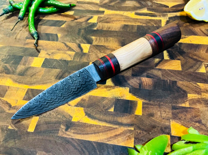 4-Piece Damascus & Wood Grip Knife Set / With Leather carry Bag