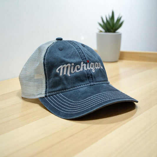 Hat - Michigan Heart Low Profile Trucker - Steel Blue/Khaki-FINAL SALE