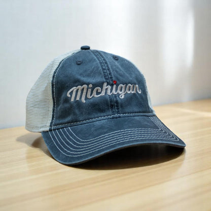 Hat - Michigan Heart Low Profile Trucker - Steel Blue/Khaki-FINAL SALE