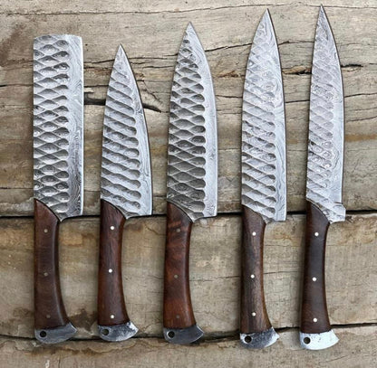 Elegant Rosewood & Damascus Steel 5-Piece Kitchen Knives Set with Leather Roll