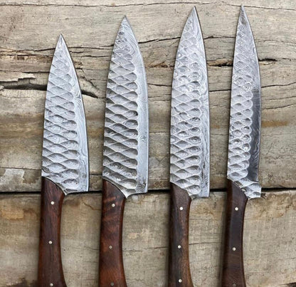 Elegant Rosewood & Damascus Steel 5-Piece Kitchen Knives Set with Leather Roll