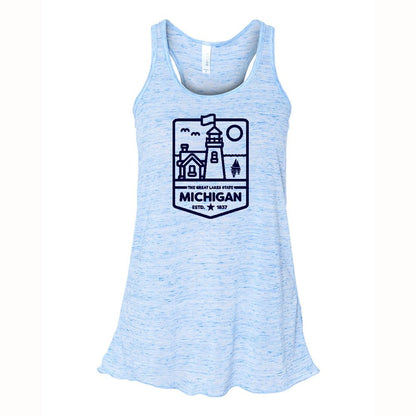 Ladies Relaxed Racerback Tank Top - Michigan Lighthouse Blue Marble