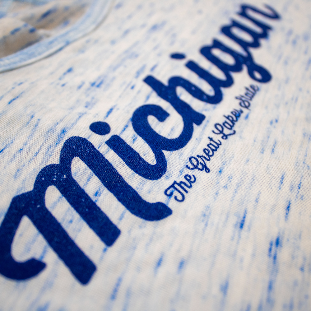 Ladies Relaxed Racerback Tank Top - MI Script Blue Marble