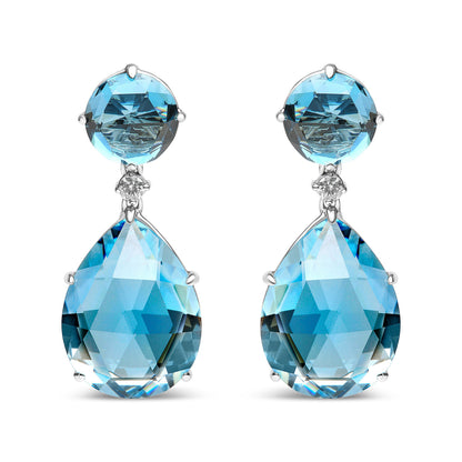 18K White Gold 1/5 Cttw Diamond with Round London Blue Topaz and 20 x 15mm Pear Cut Sky Blue Topaz Gemstone Dangle Earring (G-H Color, SI1-SI2 Clarity)