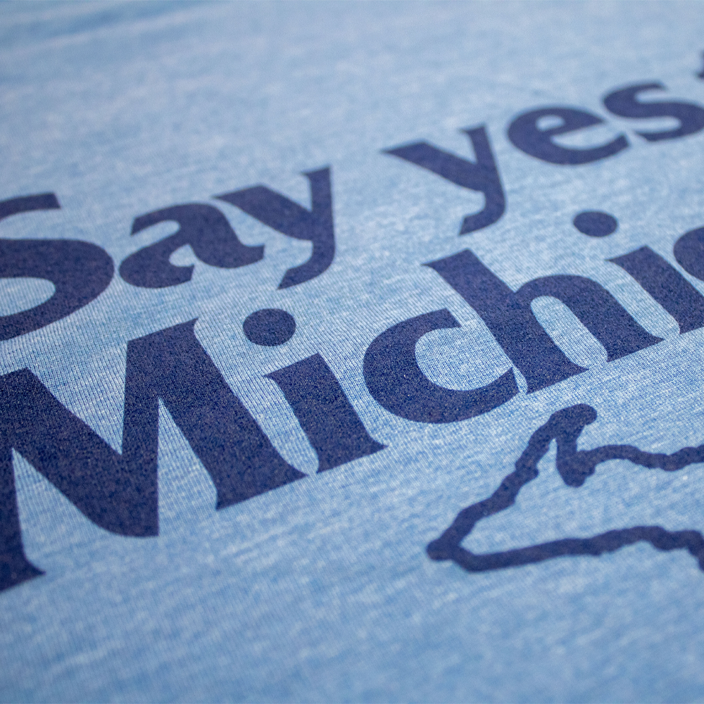 Mens “Say Yes to Michigan!” Triblend T-shirt (Heather Lake Blue)