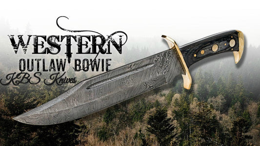 Western Outlaw Bowie Knife - Custom Handcrafted Damascus Steel Blade, Exotic Wood Handle with Brass Guards, 15" Overall Length | Leather Sheath | KBS Knives
