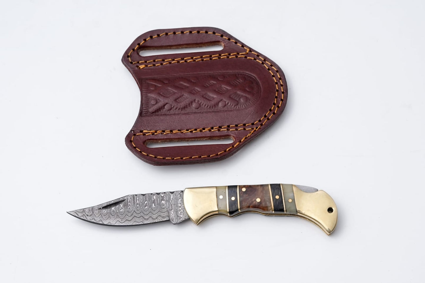 Brass & Bone Damascus Folding Knife with Leather Sheath - TK-411