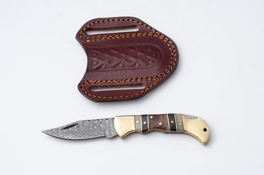 Brass & Bone Damascus Folding Knife with Leather Sheath - TK-411