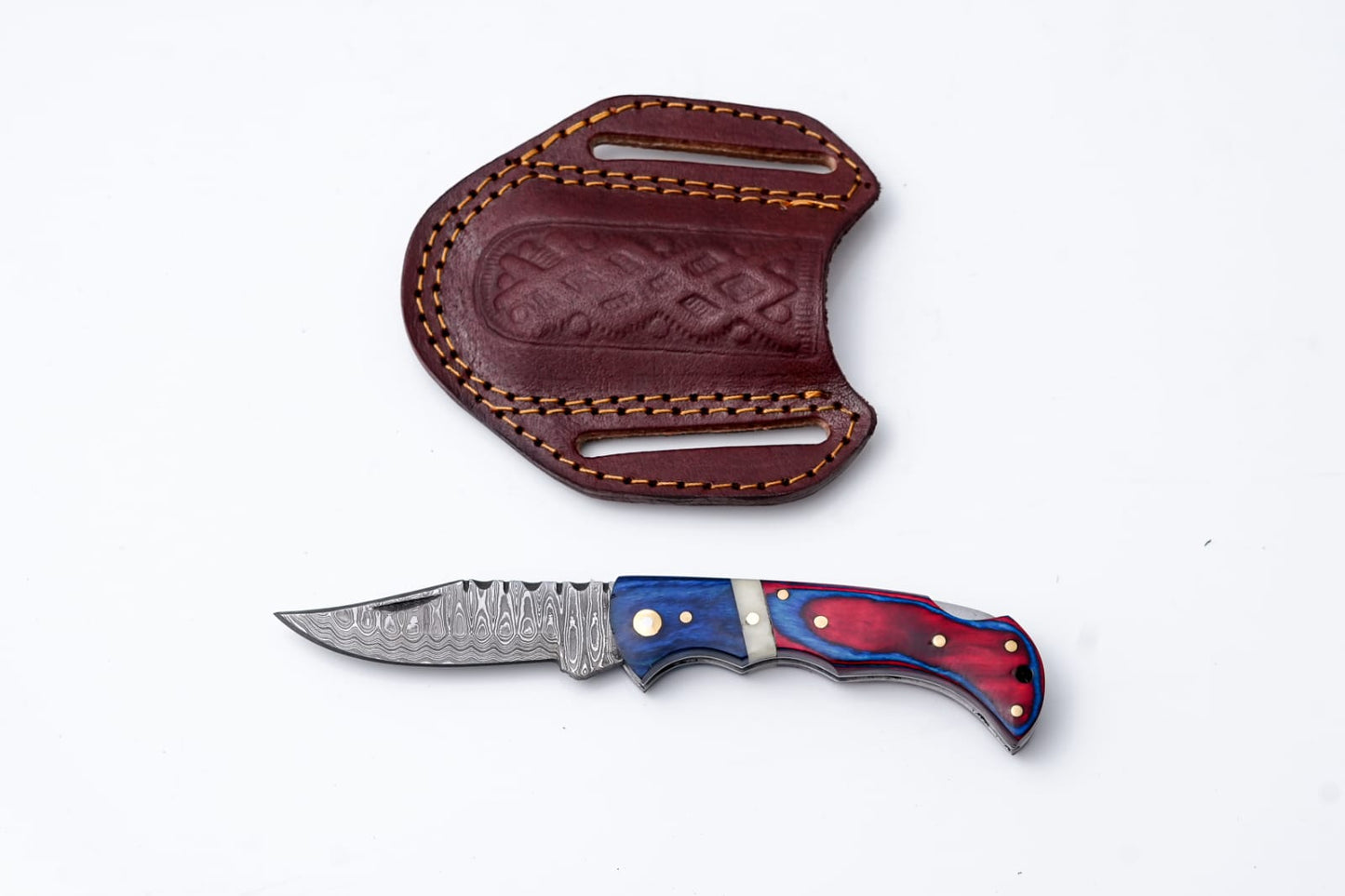 Patriot Series Damascus Folding Knife – Red & Blue Handle with Leather Sheath - TK-409