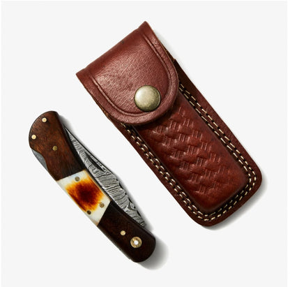 Walnut & Torched Bone Damascus Pocket Knife - TK-415