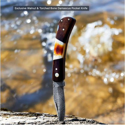 Walnut & Torched Bone Damascus Pocket Knife - TK-415