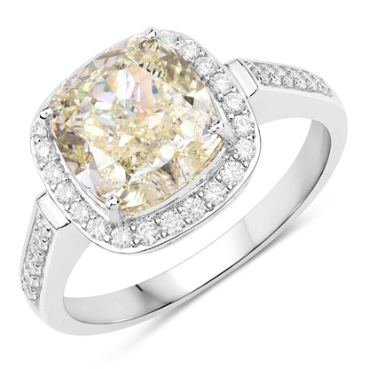 IGI Certified 4.02 Carat Genuine Light Yellow Diamond Center and 0.36cttw White Diamond 18K White Gold Ring (4.38cttw)