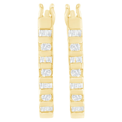 10K Yellow Gold Round and Baguette Cut Diamond Oblong Hinged Leverback Hoop Earrings (Â¼ Cttw, I-J Color, I2-I3 Clarity)