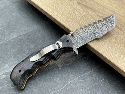 Tactical Urban Guardian Folding Pocket Knife – 8" Handmade Damascus Steel Blade, Pakka Wood Handle