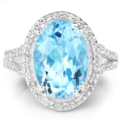 8.15 Carat Genuine Blue Topaz and White Topaz .925 Sterling Silver Ring